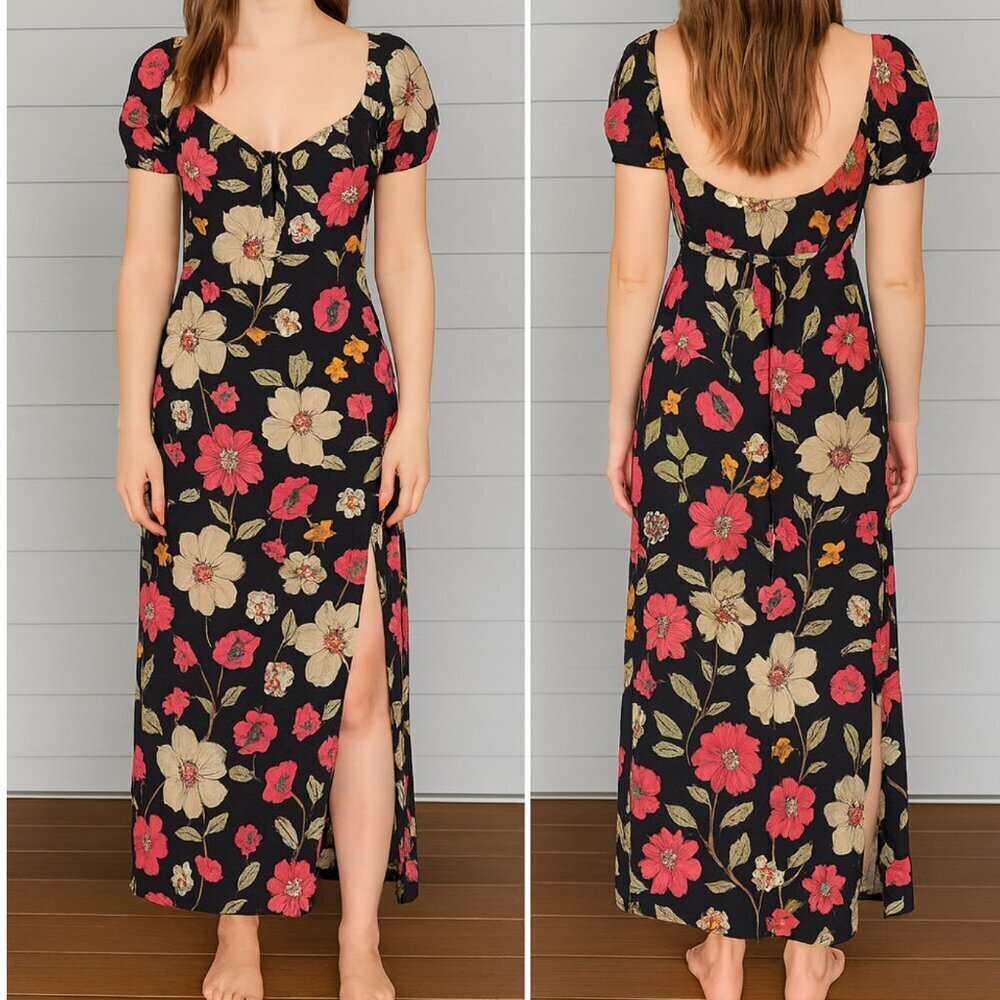 Forever 21 Women's Size Small Black Floral Print Midi Dress With Slit